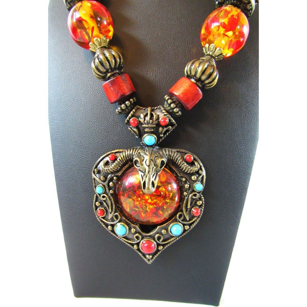 Vintage Tibetan Style Necklace Ornate Animal Ram Skull bohemian resin stones